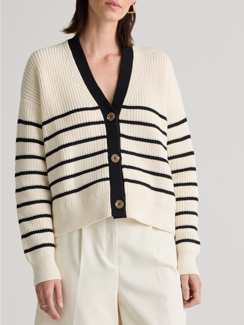 Quince Cream & navy Striped V-Neck Cardigan
